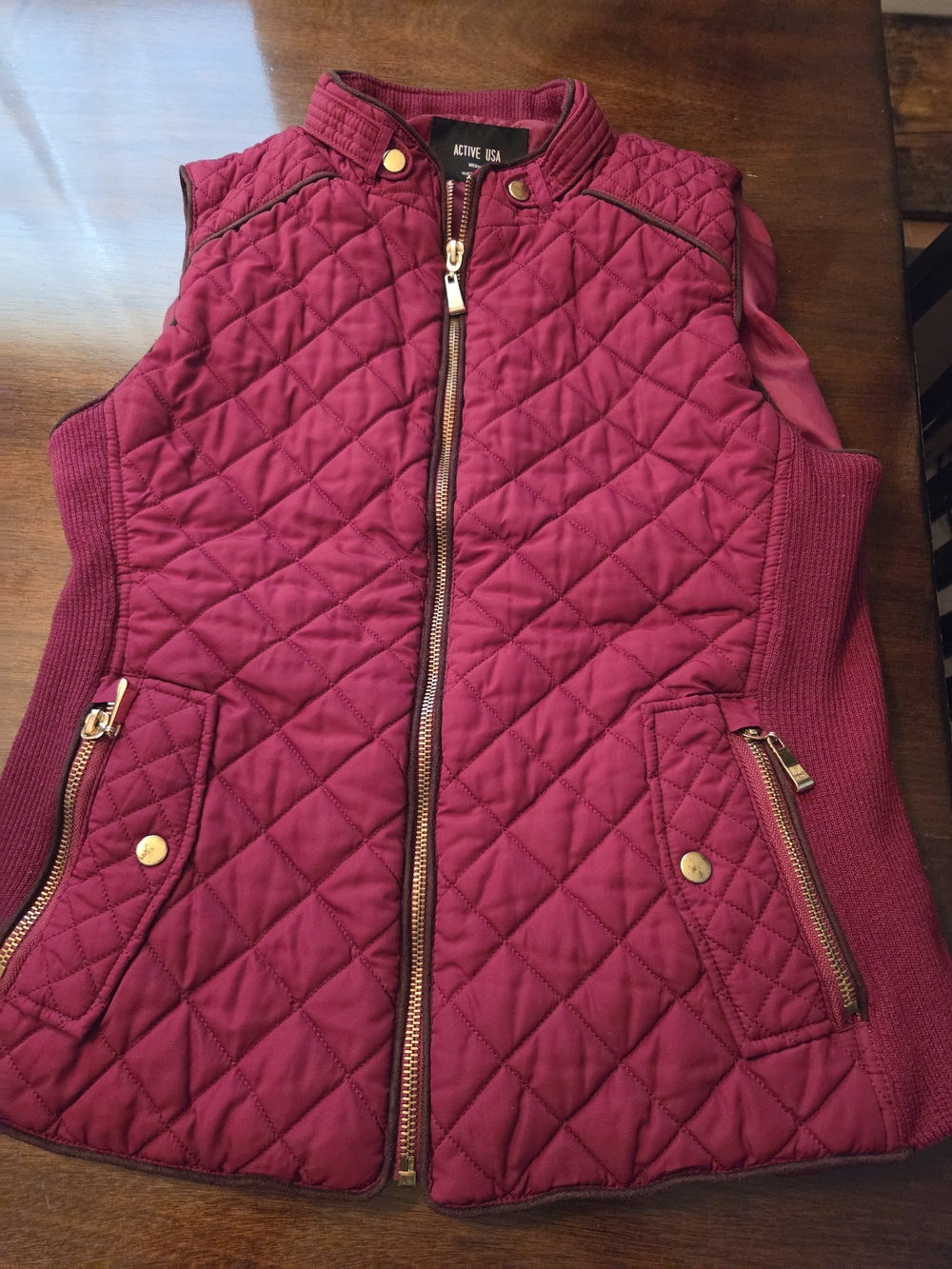 Active USA Quilted Burgundy Sleeveless Vest with Gold Zippers